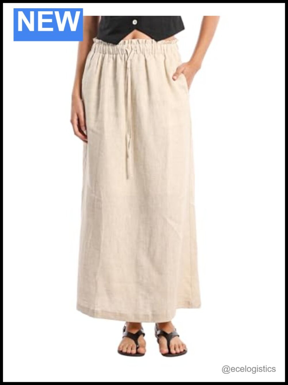 100% Linen Maxi Skirt A-Line Drawstring Elastic Waist Casual Summer
